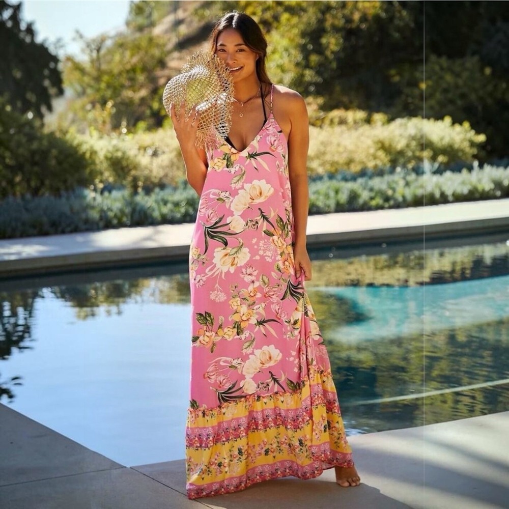 Maaji Pink Floral Maxi Dress with Yellow Hem Panel